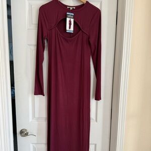 Edited Wine Long Sleeve Midi Dress with Scoop Detail